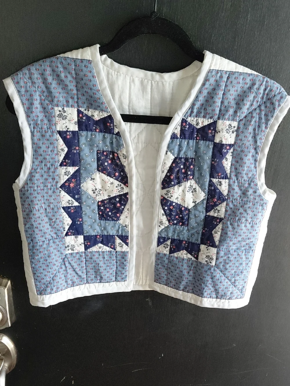 Handmade Cropped Patchwork Quilted Vest | Upcycled Blue White Cottagecore Jacket
